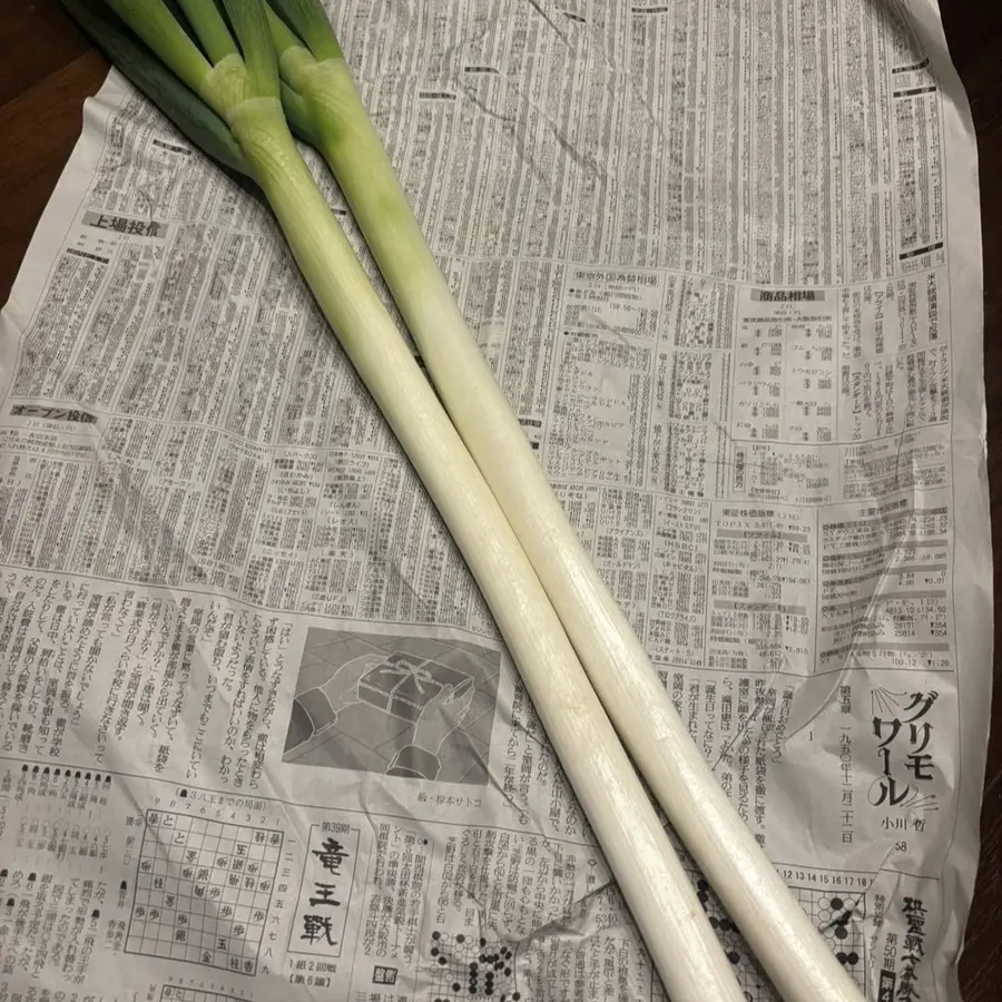 新聞紙の上に置かれた、MADE IN YAMANASHIの原田さんが育てたネギ