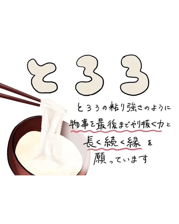 とろろのポップ。粘り強さのように物事を最後までやり抜く力と長く続く縁を